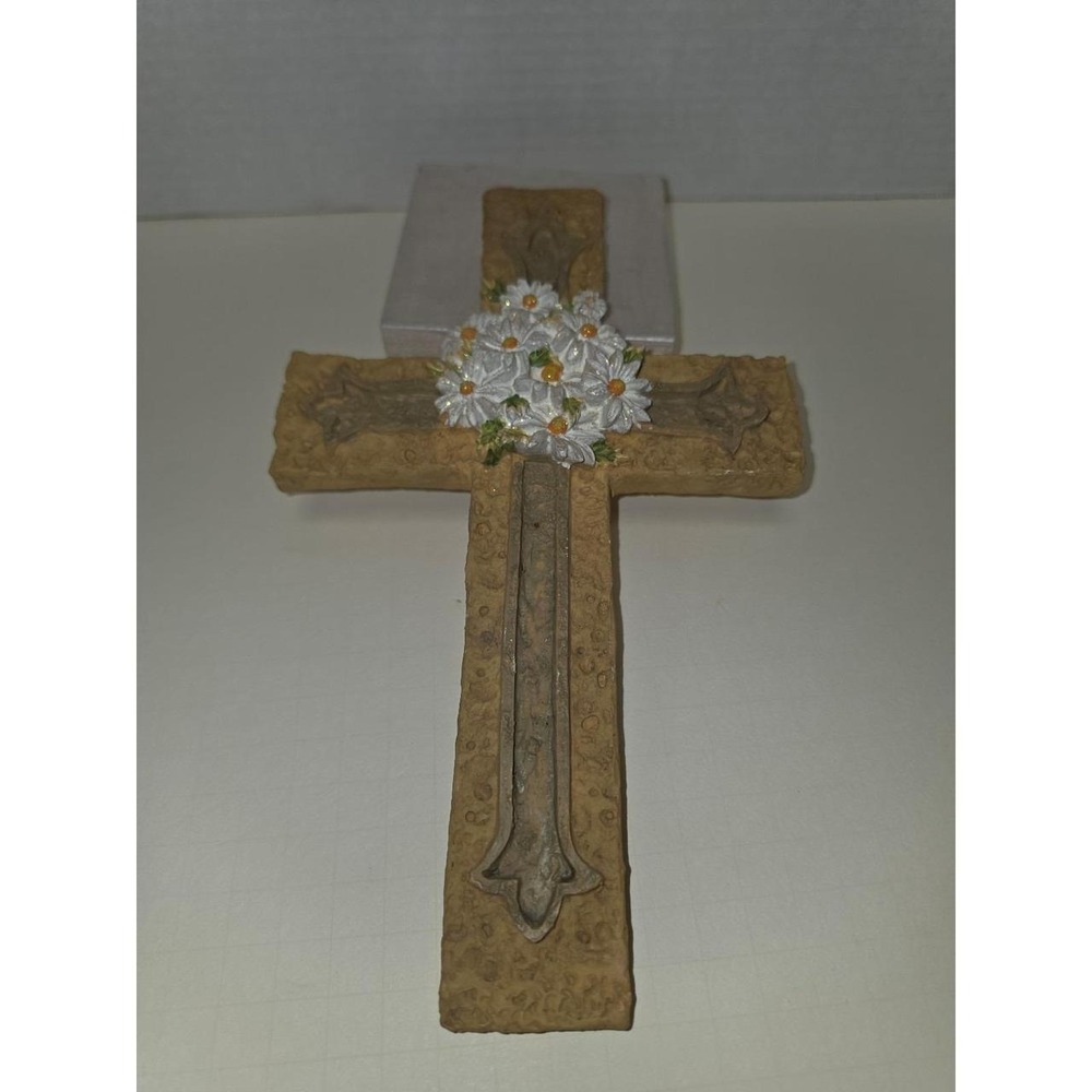 vintage resin Rejoice religious cross decorative stone texture floral daisy